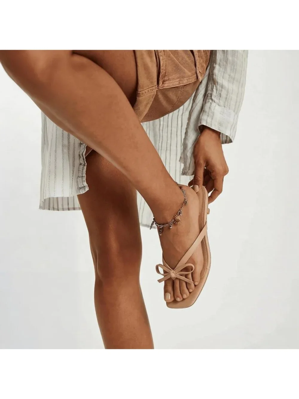 Women's Nude Summer Square Toe Cute Bow Thong Slip On Flip Flop Kitten Heel